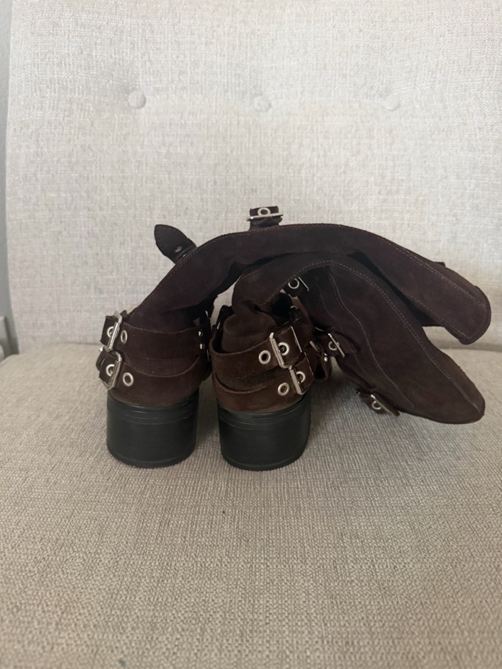 Steve Madden Brocks Chocolate Brown Suede Buckle Slouch Mid-Calf Moto Boots - Picture 7 of 12